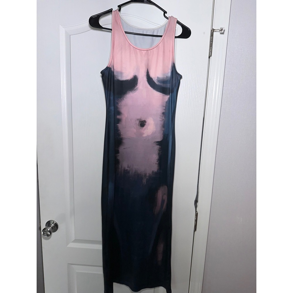 Womens Artistic Body Print Maxi Dress Pink Black Sleeveless Bodycon Large